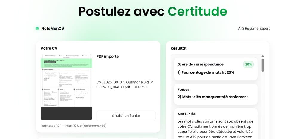Interface NoteMonCV : analyse de CV et score ATS